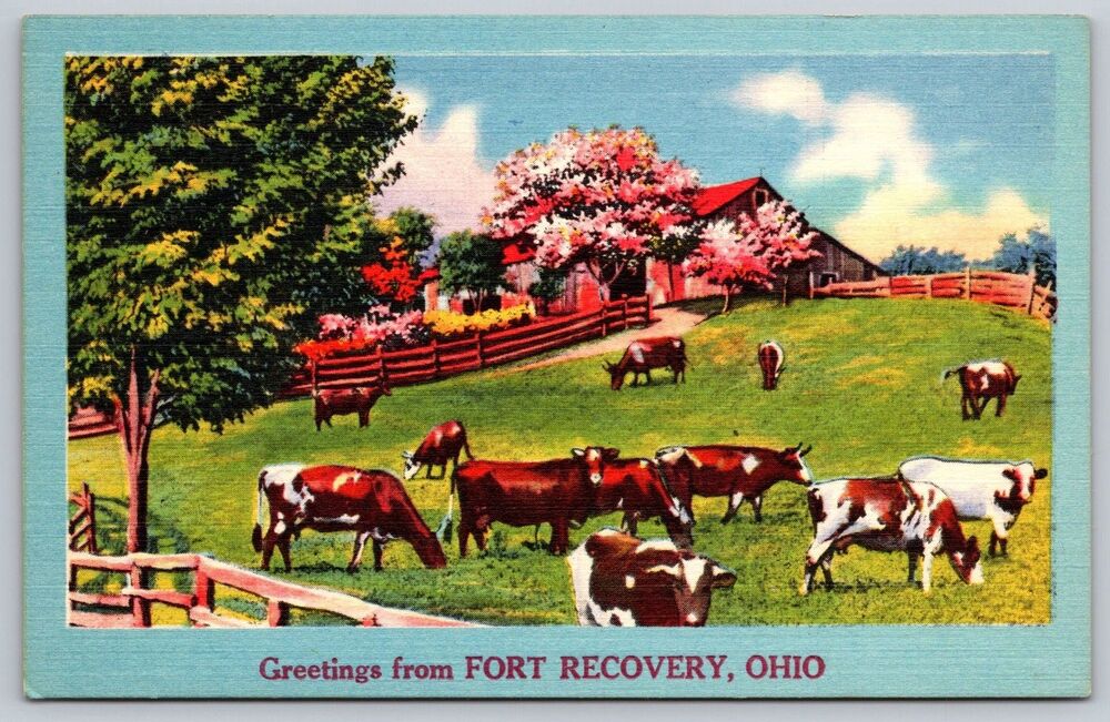 Vintage Postcard Greetings from Fort Recovery Ohio Cows Farm Barn NYCE 60253